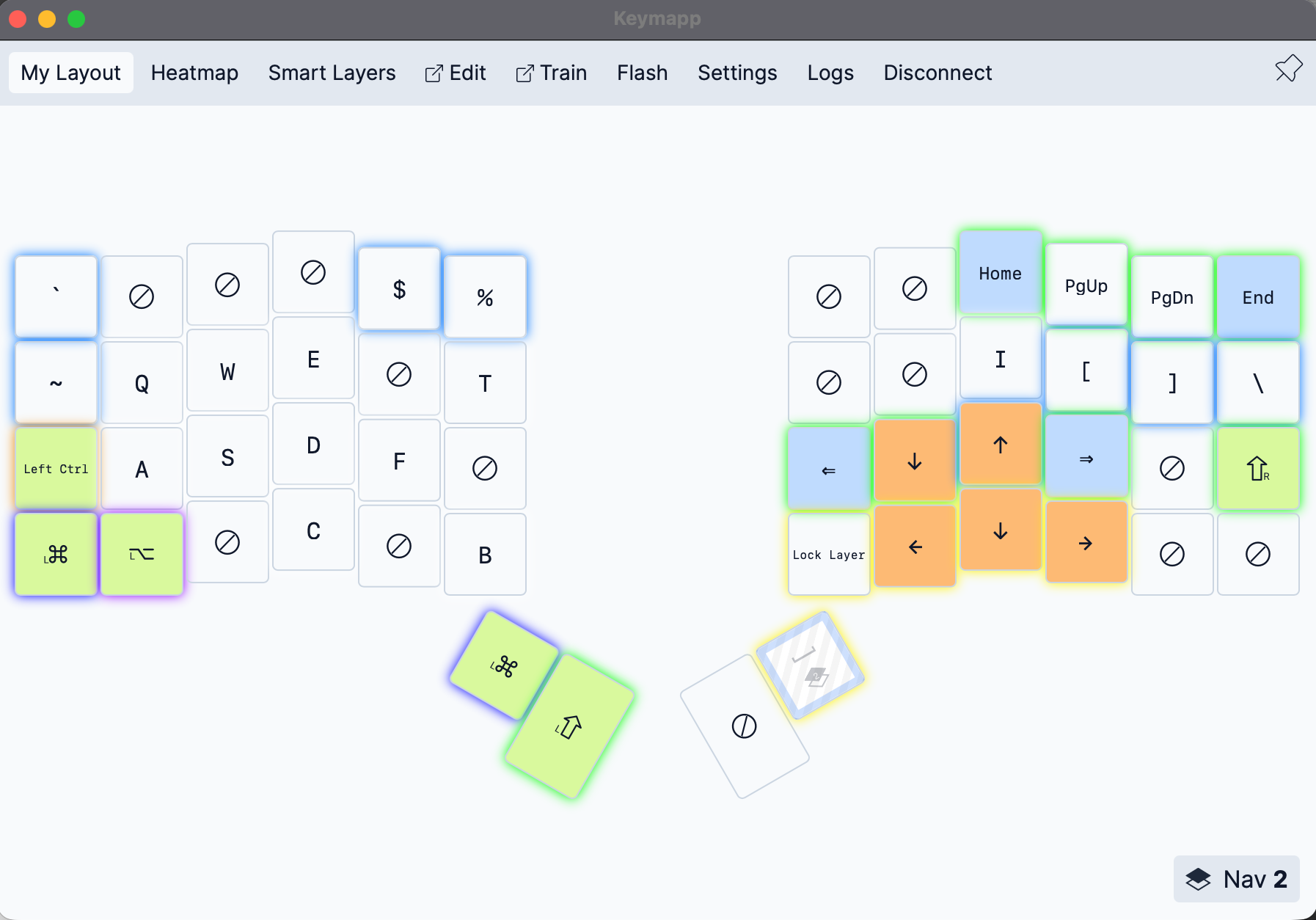 第二層的佈局,按住右邊內拇指鍵啟動